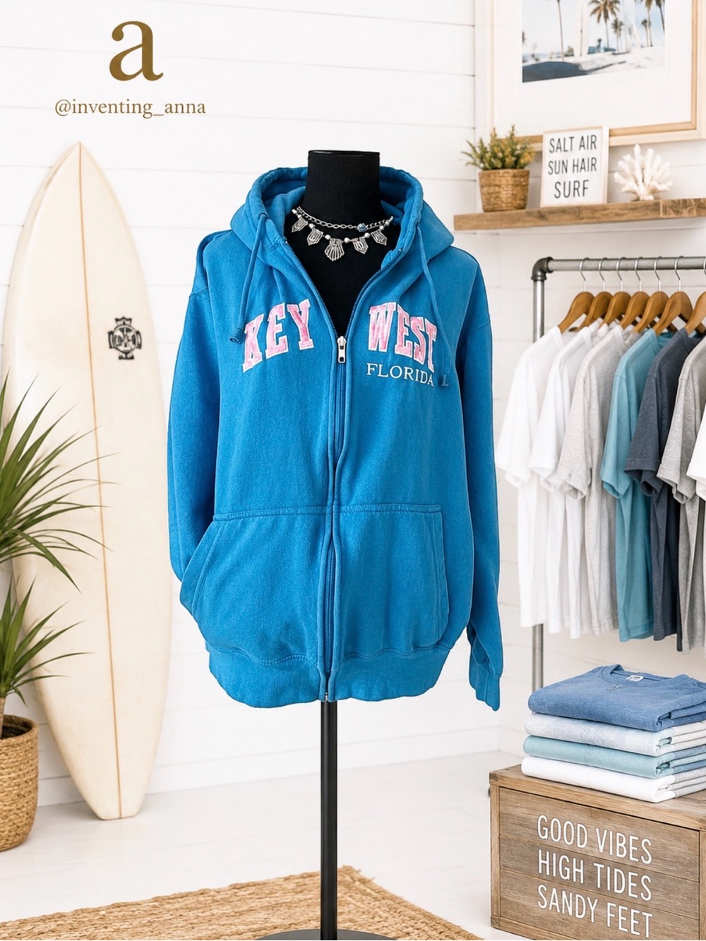 ESY SURF CO Aqua Blue Key West Florida Zip Up Drawstring Hoodie w/Pockets